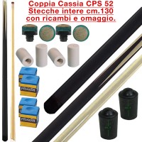 CPS Cassia 52 coppia stecche intere cm.130 biliardo tutte le discipline con cuoi, ghiere-ferule e paracolpo di ricambio. Gessi in omaggio.