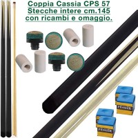 CPS Cassia 57 coppia stecche intere cm.145 biliardo tutte le discipline con cuoi e ghiere-ferule di ricambio. Gessi in omaggio.