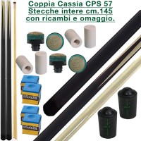 CPS Cassia 57 nera coppia stecche intere cm.145 biliardo tutte le discipline con cuoi, ghiere-ferule e paracolpo di ricambio. Gessi in omaggio.