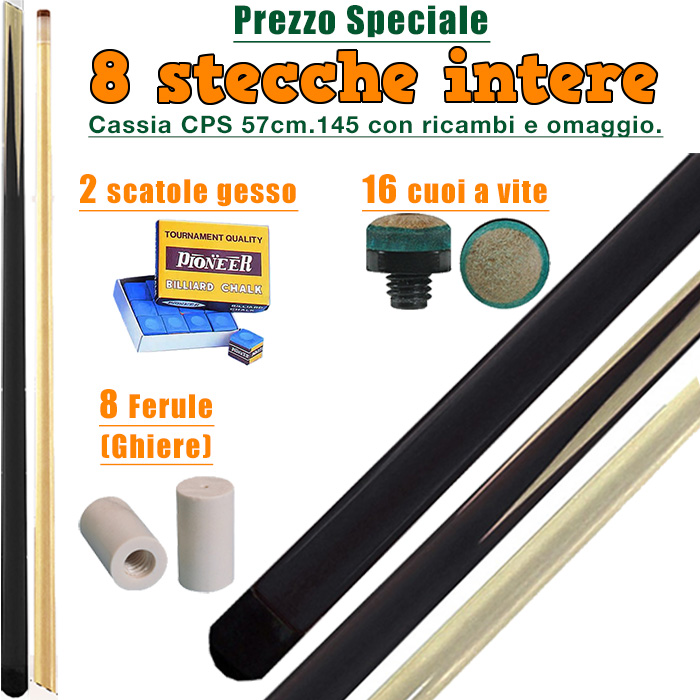 Speciale! CPS Cassia 57 otto stecche intere cm.145 biliardo tutte le discipline con cuoi e ghiere-ferule di ricambio. Gessi in omaggio. Speciale! CPS Cassia 57 otto stecche intere cm.145 biliardo tutte le discipline con cuoi e ghiere-ferule di ricambio. Gessi in omaggio.