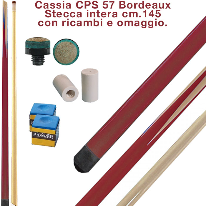 CPS Cassia 57 Bordeaux stecca intera cm.145 biliardo tutte le discipline con cuoi e ghiere-ferule di ricambio. Gessi in omaggio.