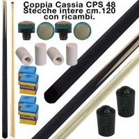 CPS Cassia 48 coppia stecche intere cm.120 biliardo tutte le discipline con cuoi, ghiere-ferule e paracolpo di ricambio. Gessi in omaggio.