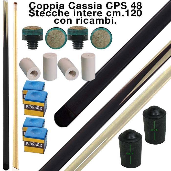 CPS Cassia 48 coppia stecche intere cm.120 biliardo tutte le discipline con cuoi, ghiere-ferule e paracolpo di ricambio. Gessi in omaggio.