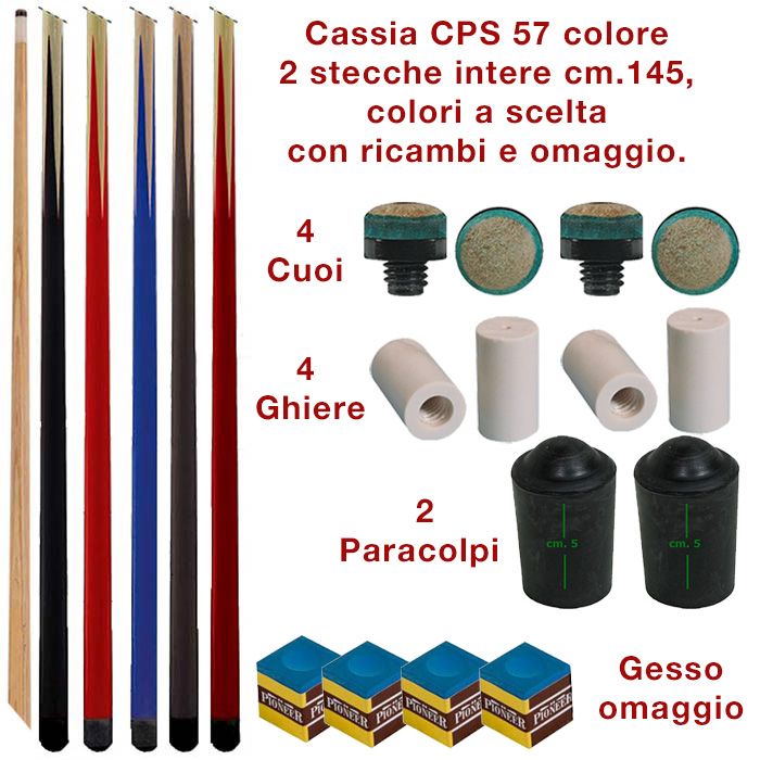CPS Cassia 57 color, coppia stecche intere cm.145 biliardo tutte le discipline colore a scelta. con cuoi, ghiere-ferule e paracolpo di ricambio. Gessi in omaggio.